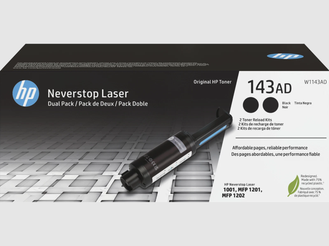HP 143AD Dual Pack Black Original Neverstop Toner Reload Kit, ~2,500 pages,