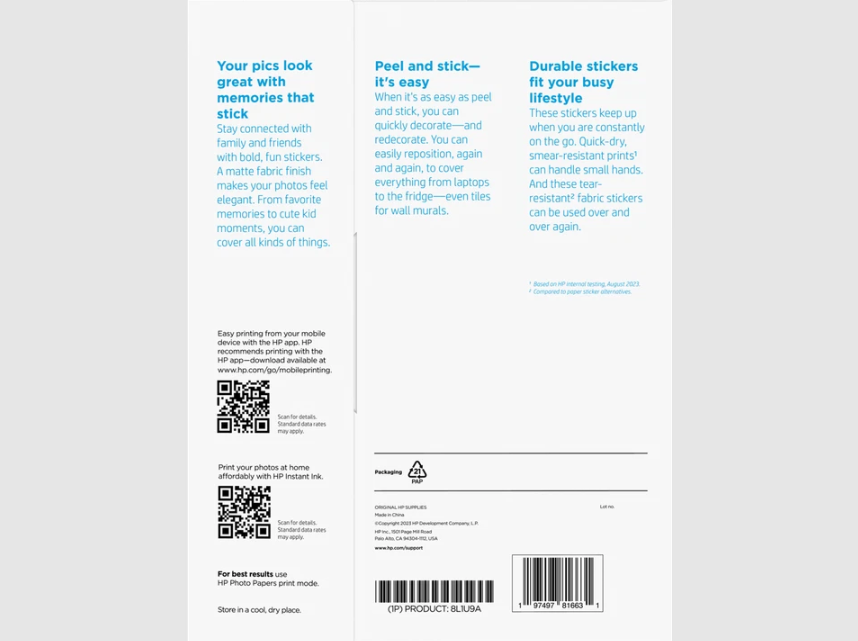 HP Picture Stickers 8.5 x 11 in. (216 x 279 mm) 25 sheets