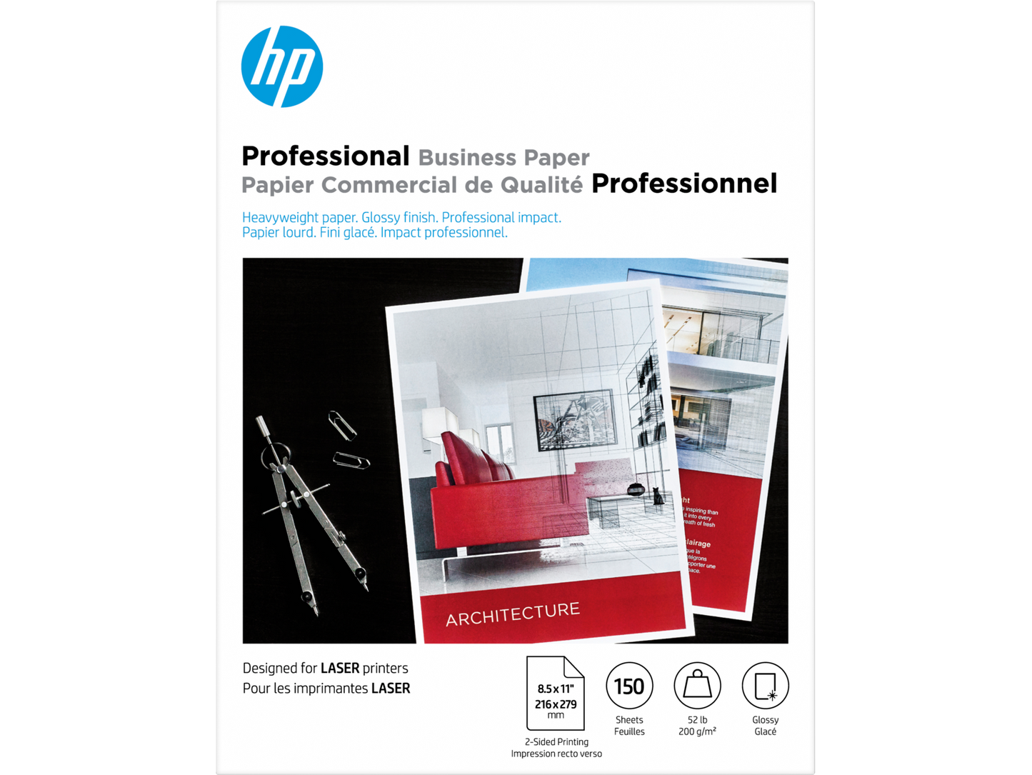 HP Professional Business Paper, Glossy, 52 lb, 8.5 x 11 in. (216 x 279 mm), 150