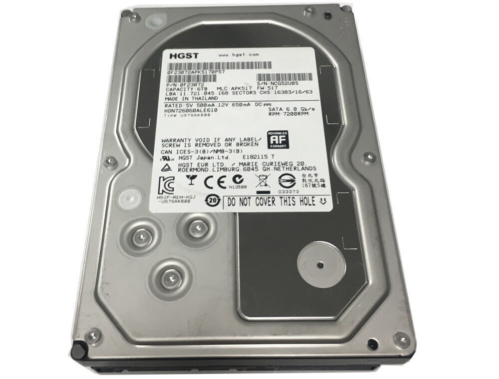 HGST 6TB 64MB Cache 7200RPM SATA 6.0Gb/s 3.5" NAS Hard Drive - HDN726060ALE610