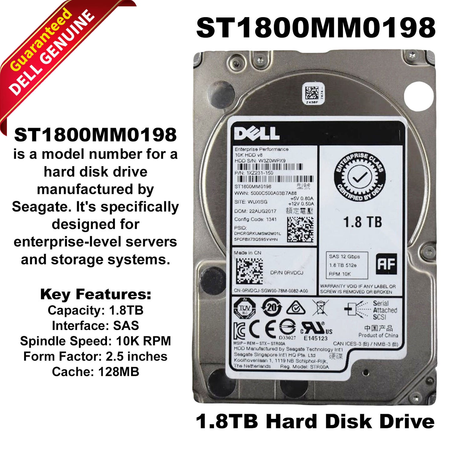 Dell PowerEdge ST1800MM0198 1.8TB 10K SAS 12Gbs 2.5" Hard Drive 1XZ231-150 RVDCJ (NOT FOR HOME PC)