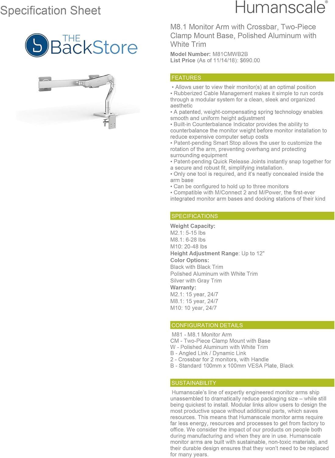 Humanscale M8.1 Adjustable Dual Monitor Arm with Crossbar Clamp Mount M81CMWB2B