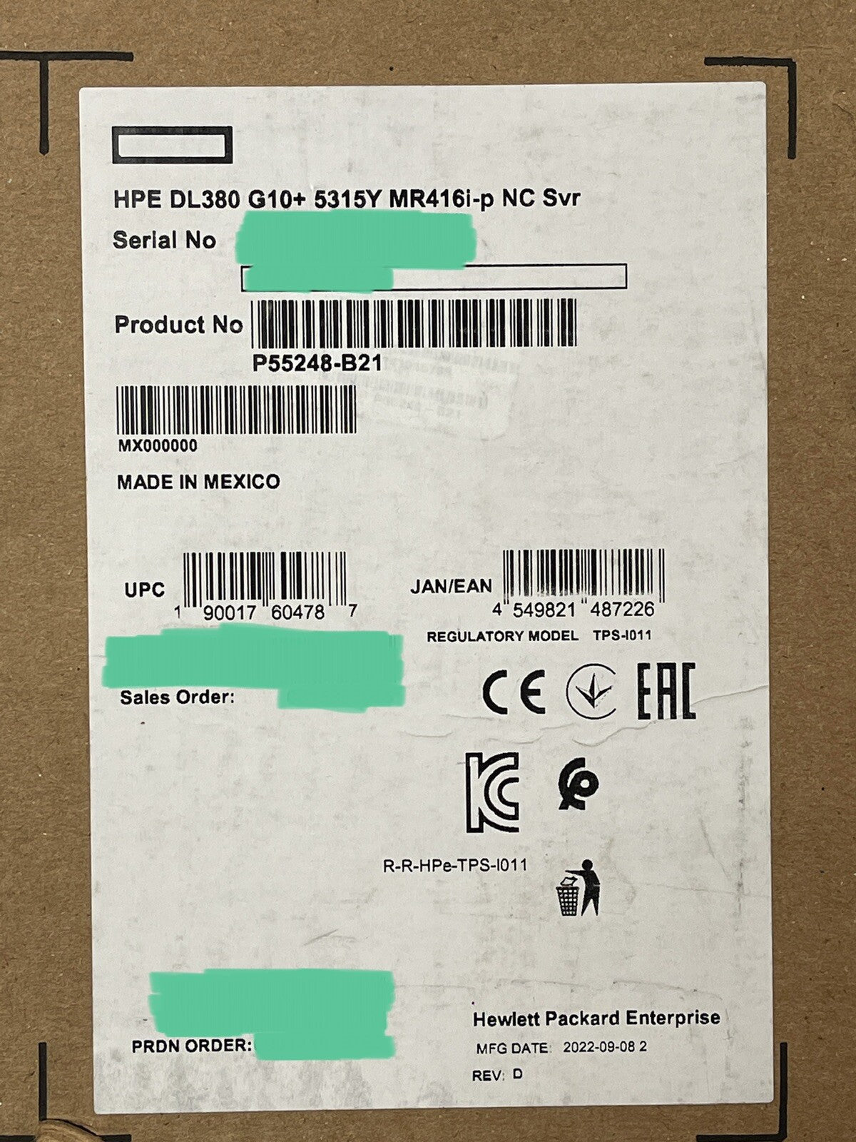 HPE DL380 Gen10+Plus Xeon 5315Y 8C 32GB 8SFF MR416i-p 800W PSU SATA/SAS/NVMe 10G (NOT FOR HOME PC)