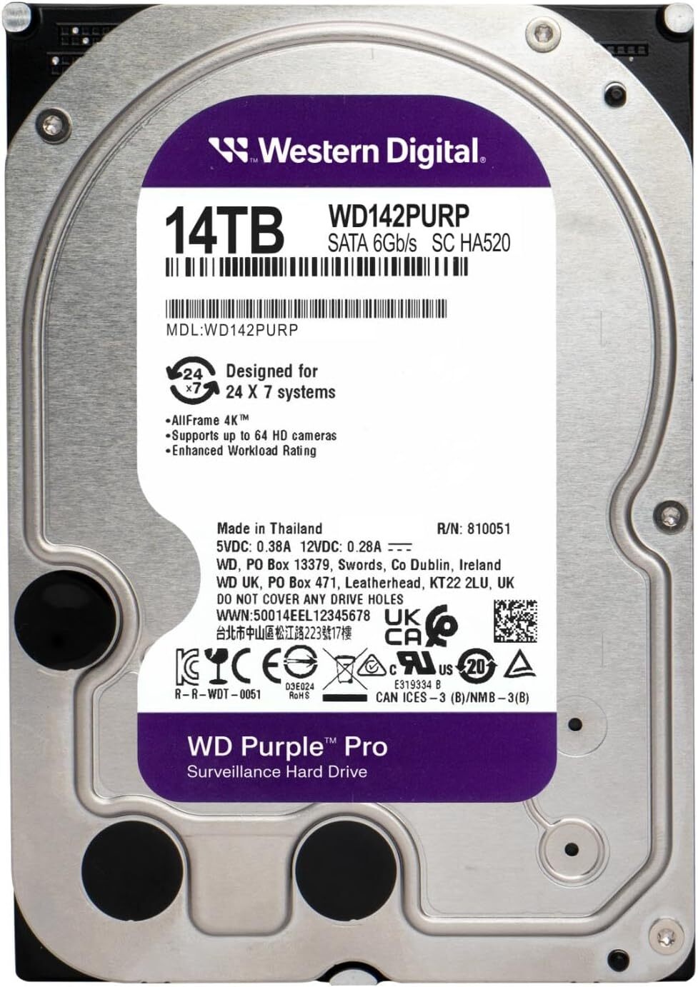 WD Purple Pro Smart Video 14TB SATA 3.5" Survelllance Internal Hard Disk Drive