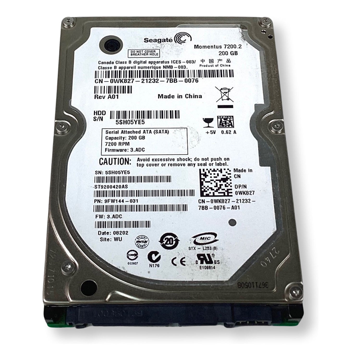 Dell ST9200420AS 200GB 7200RPM SATA 3Gb/s 16MB Cache 2.5-Inch Hard Drive WK827
