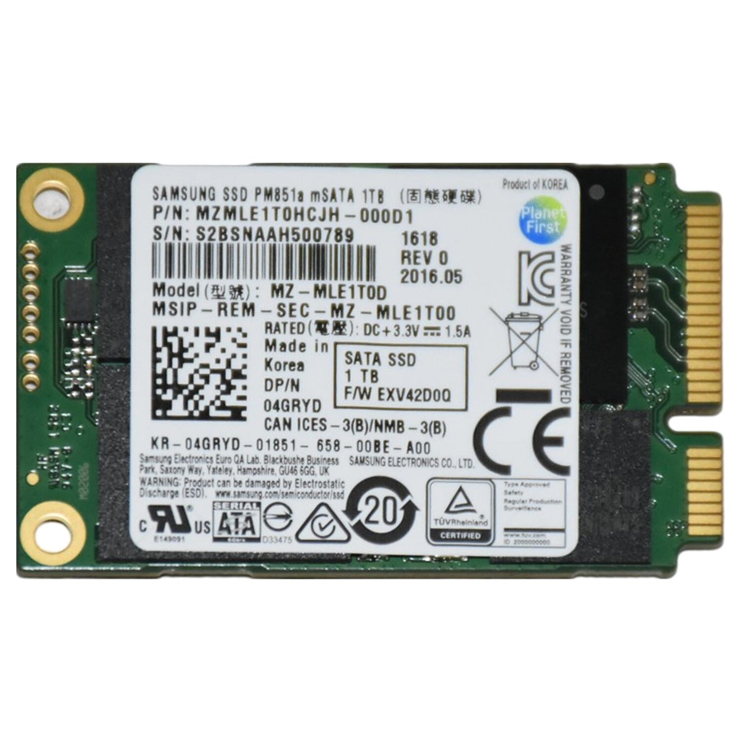 Samsung MZ-MLE1T0D 1TB 6Gb/S MSATA Mini PCI-E Solid State Drive SSD 4GRYD