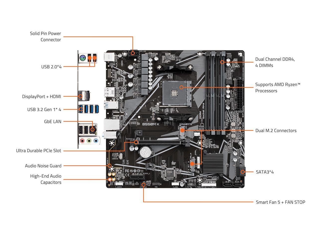 GIGABYTE B550M K AM4 AMD B550 Micro-ATX Motherboard with Dual M.2, SATA 6Gb/s