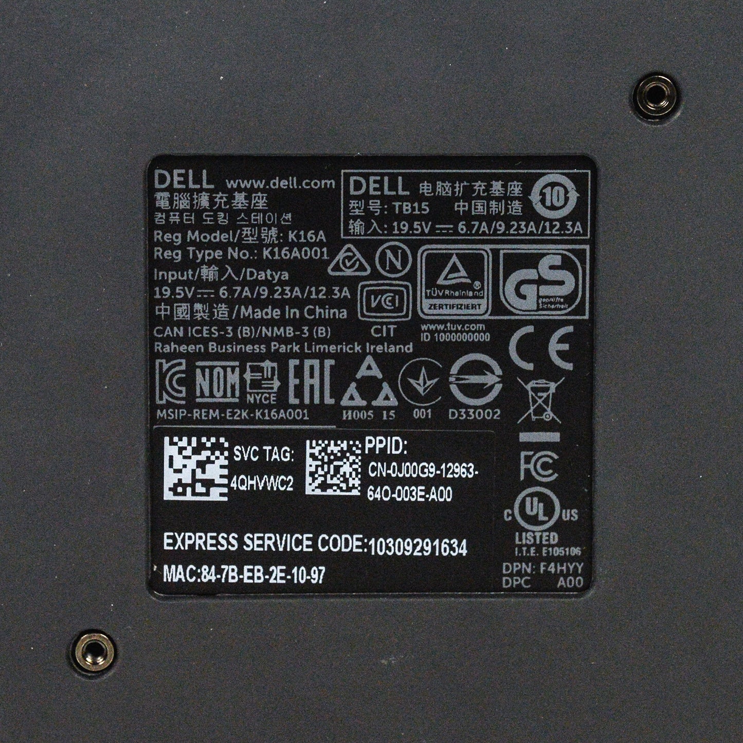 Genuine Dell K16A Thunderbolt USB-C Docking Station 0J5C6 J00G9 w/ AC Adapter