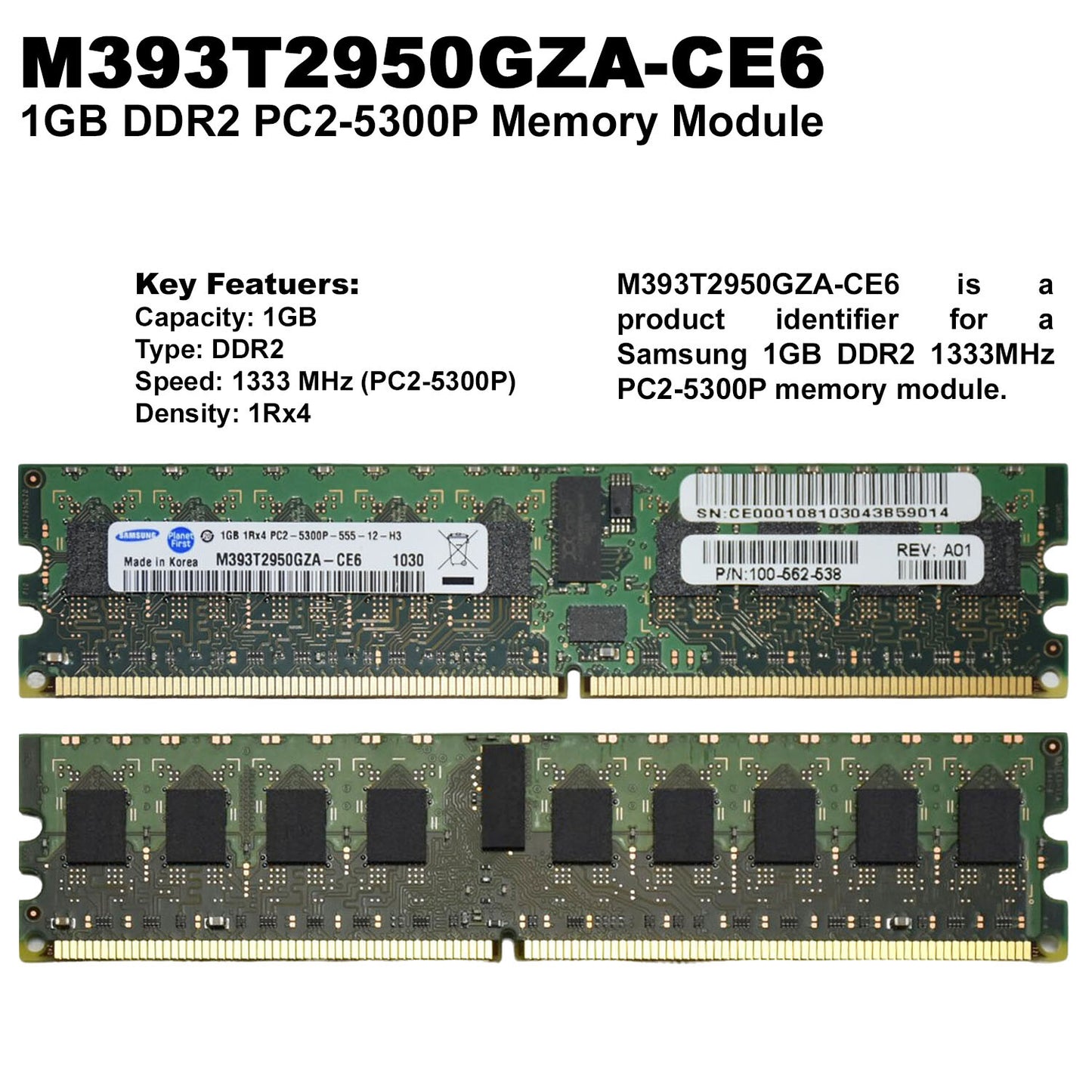 EMC 100-562-538 DIMM 1GB Reg CL5 Single Rank DDR2 SDRAM Memory Module