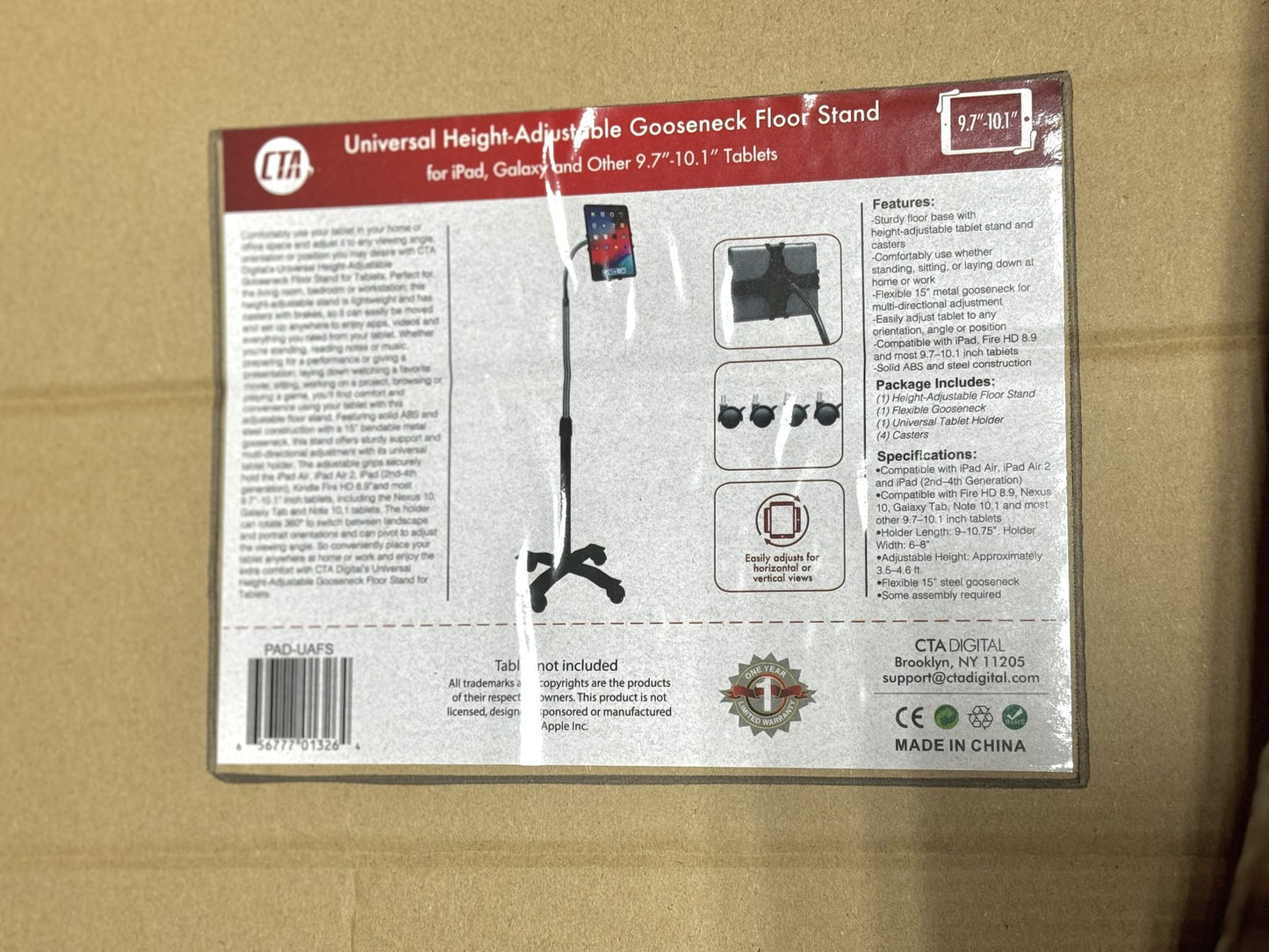 CTA Universal Height-Adjustable Gooseneck Floor Stand 9.7-10.1" Tablets PAD-UAFS