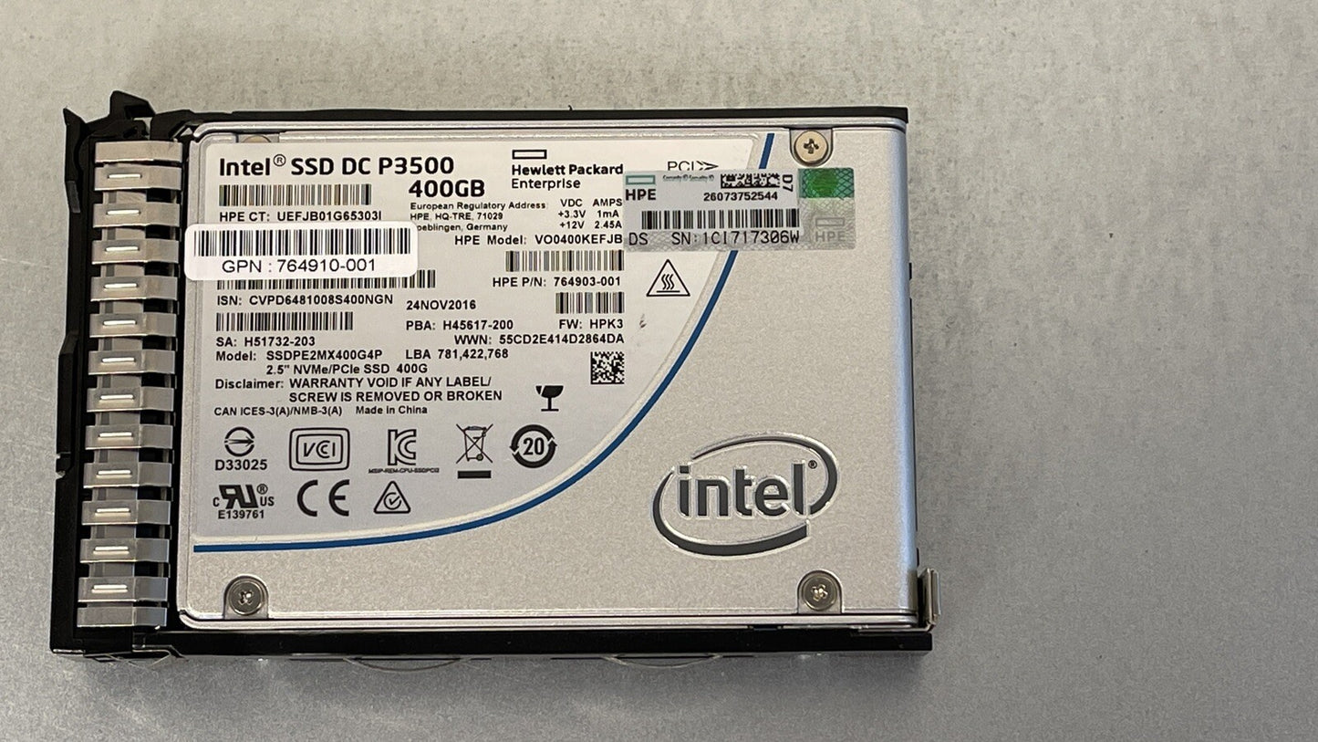HPE Intel DC P3500 400GB 2.5 SFF PCI-e NVMe x4 U.2 RI Solid State Drive SSD SCN