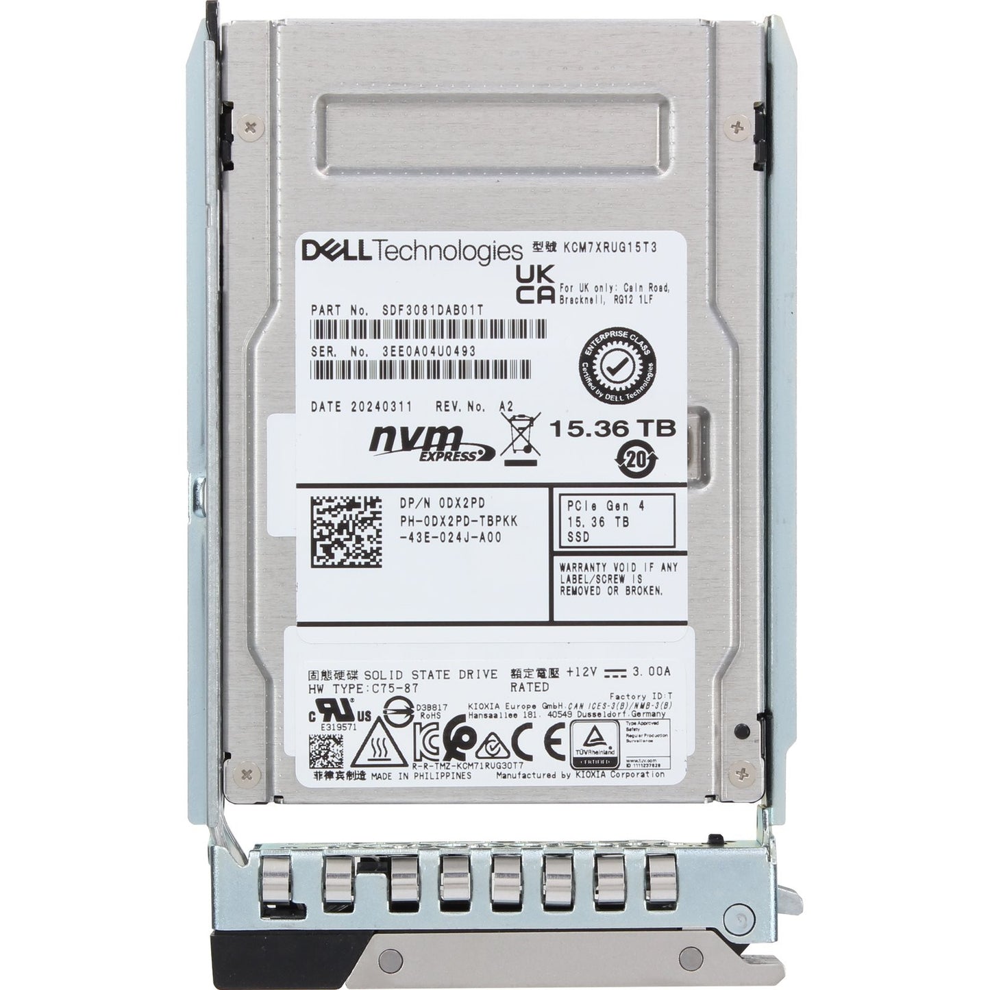 Dell 15.36TB PCIe Gen4 NVMe RI TLC 2.5 SSD KCM7XRUG15T3 (DX2PD) -CR