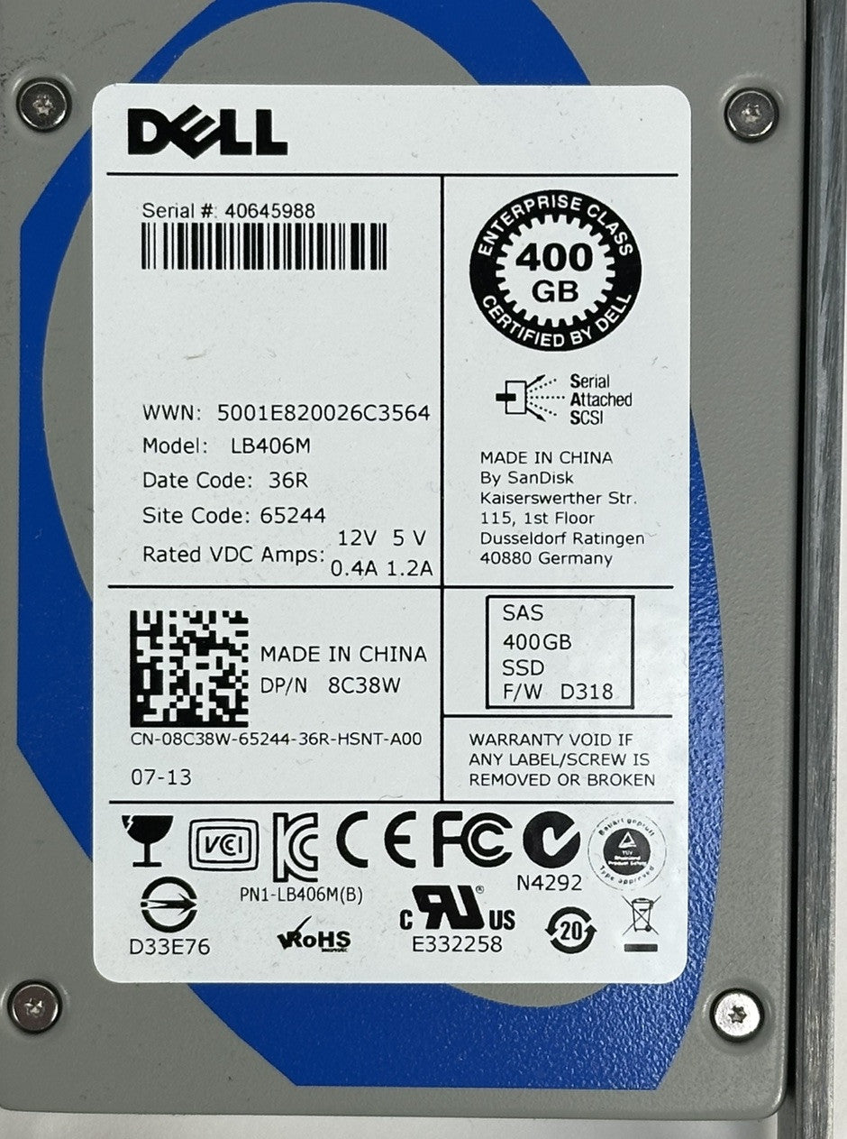 100% Dell 8C38W 400GB SAS 6G 2.5 MLC MU Mixed Use Solid State Drive SSD + Tray (NOT FOR HOME PC)