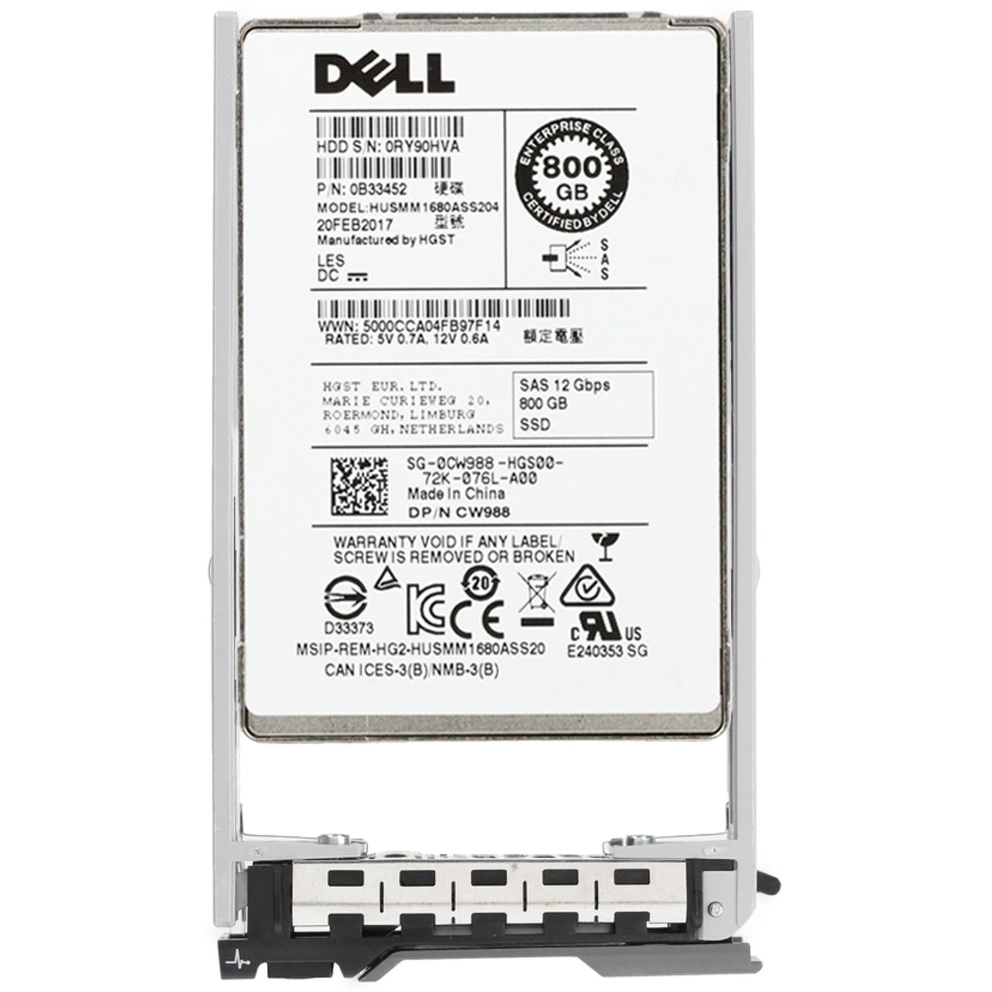 Dell 800GB 12Gbps SAS WI MLC 2.5 SSD 1680ASS204 CPO (CW988) -R (NOT FOR HOME PC)