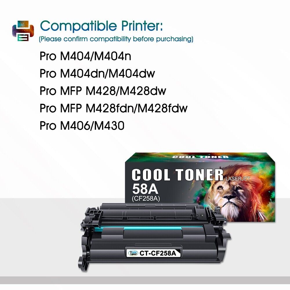 4PK CF258A 58A Toner Compatible with HP LaserJet Pro M404dn MFP M428fdw No Chip