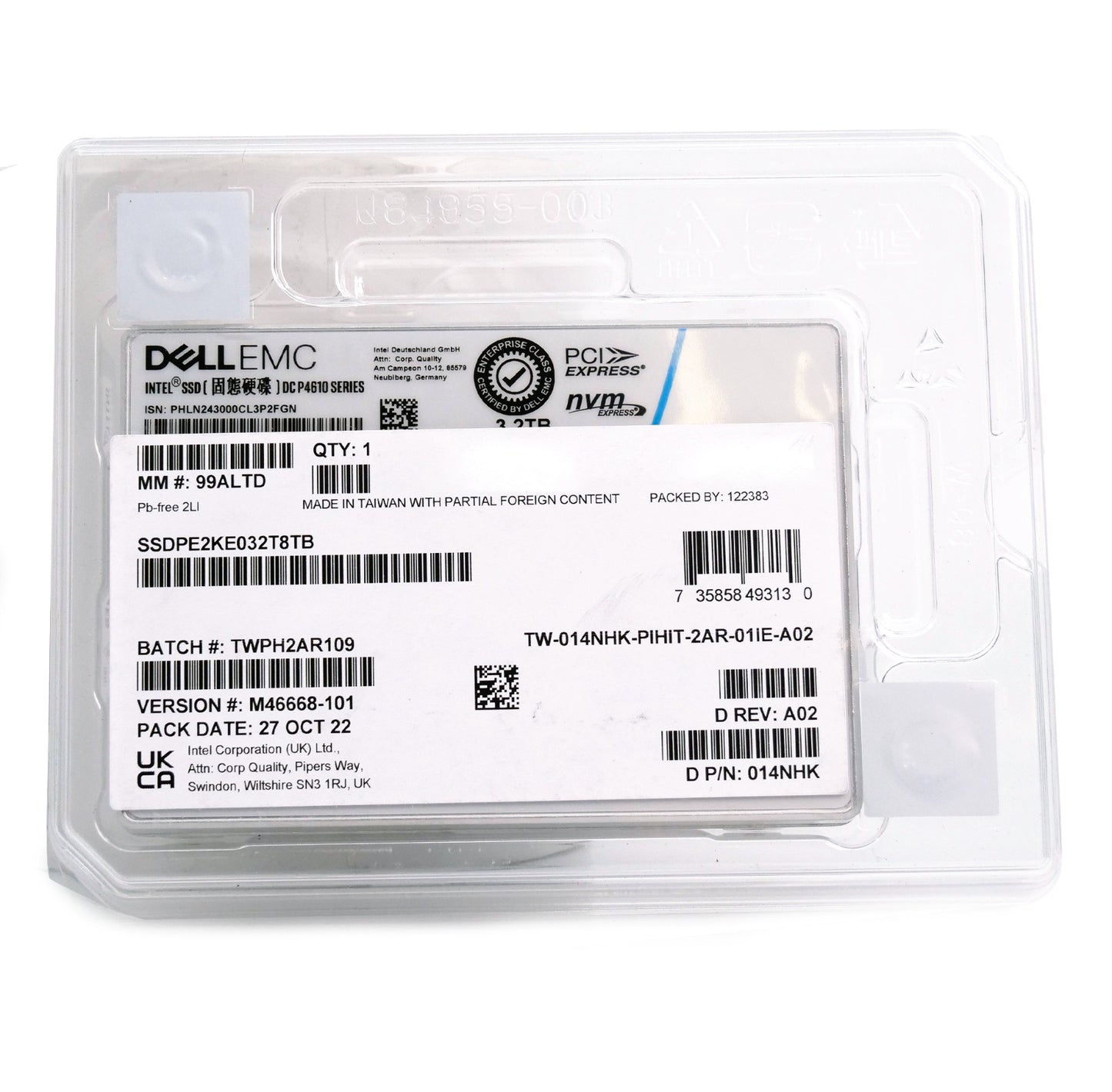 DELL 014NHK Intel DC P4610 3.2TB PCIe 3.1 x4 NVMe U.2 2.5" SSD G14/G15/G16 Tray