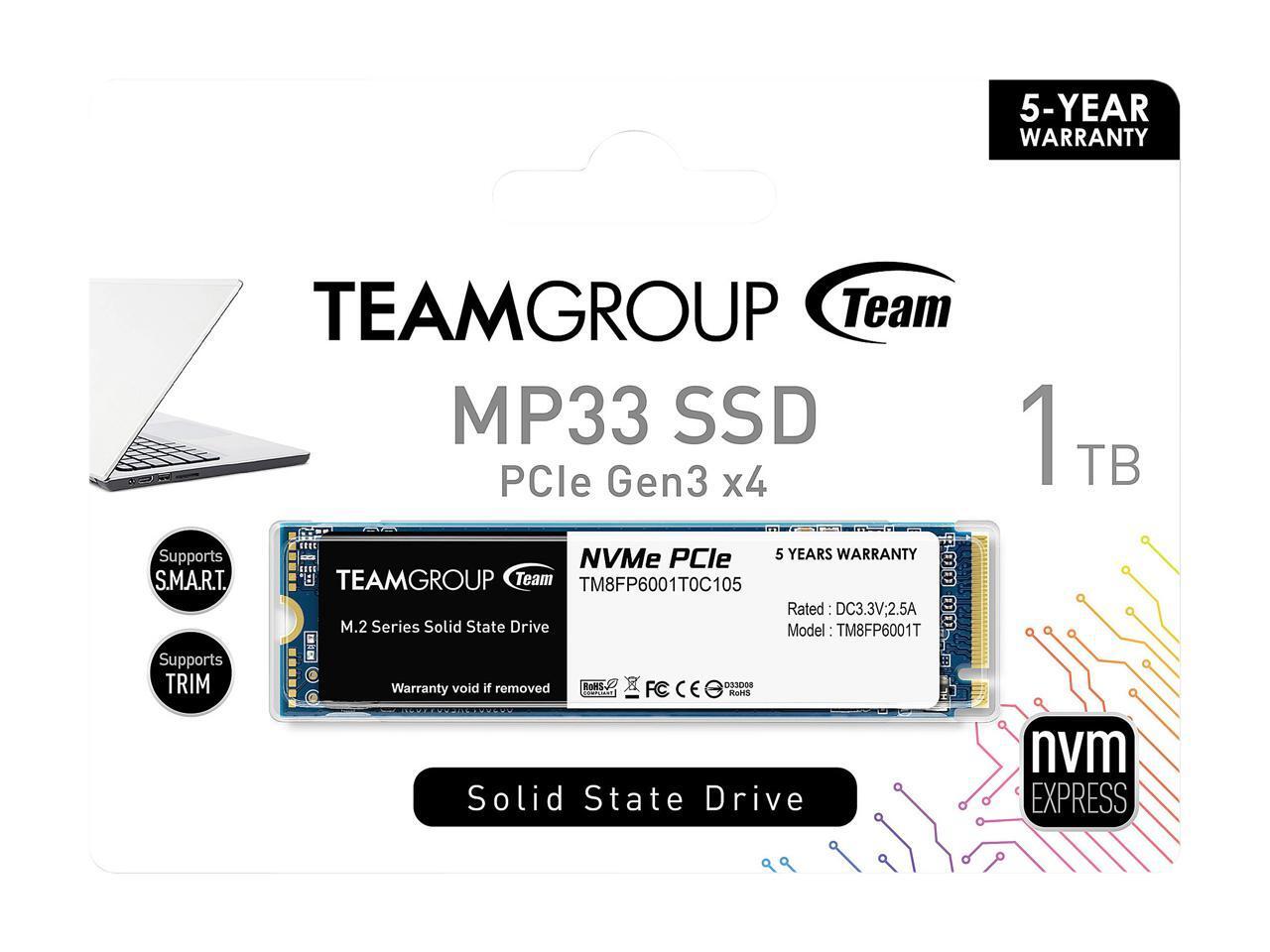 Team Group MP33 M.2 2280 1TB PCIe 3.0 x4 with NVMe 1.3 3D NAND Internal Solid S