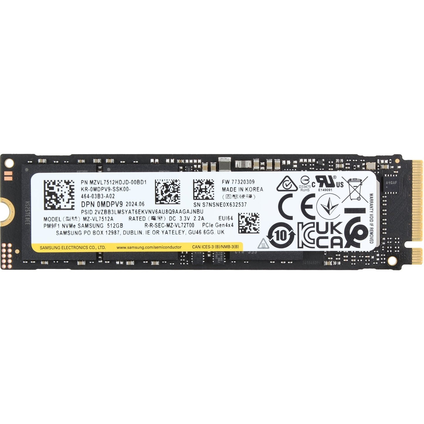Dell Samsung 512GB PCIe Gen4 NVMe Class 40 TLC 2280 M.2 SSD PM9F1 (MDPV9)