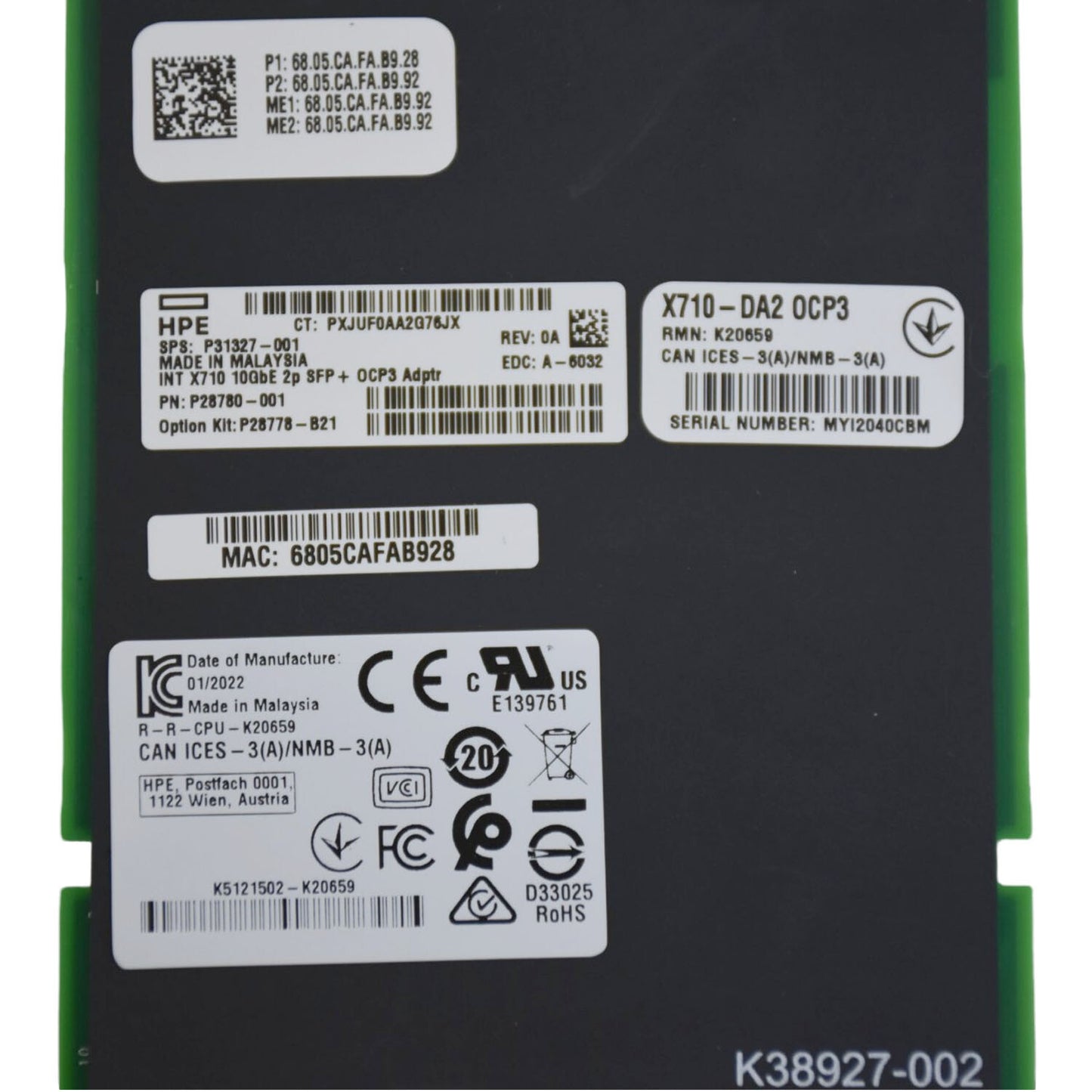 HPE Intel X710-DA2 10Gb 2-Port SFP+ OCP3 Adapter P28778-B21 P31327-001