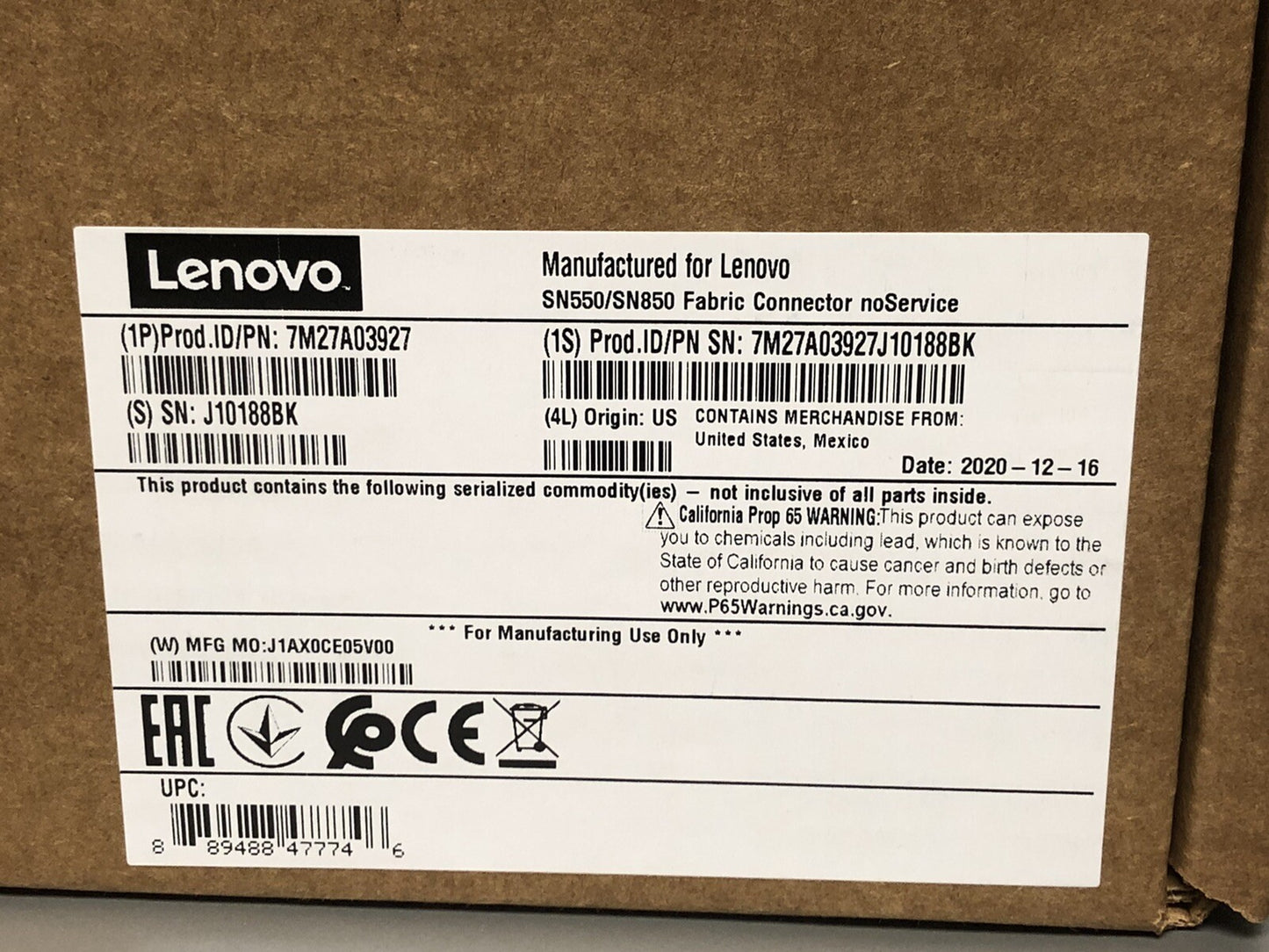 Lenovo ThinkSystem SN550 SN850 x880 Server Fabric Connector Enables LOM 4x 10GE