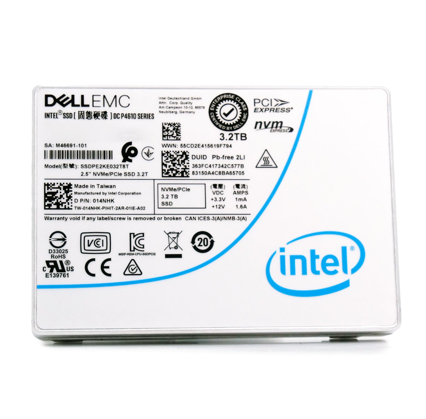 DELL 014NHK Intel DC P4610 3.2TB PCIe 3.1 x4 NVMe U.2 2.5" SSD G14/G15/G16 Tray