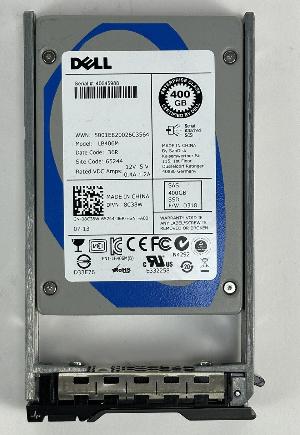100% Dell 8C38W 400GB SAS 6G 2.5 MLC MU Mixed Use Solid State Drive SSD + Tray (NOT FOR HOME PC)