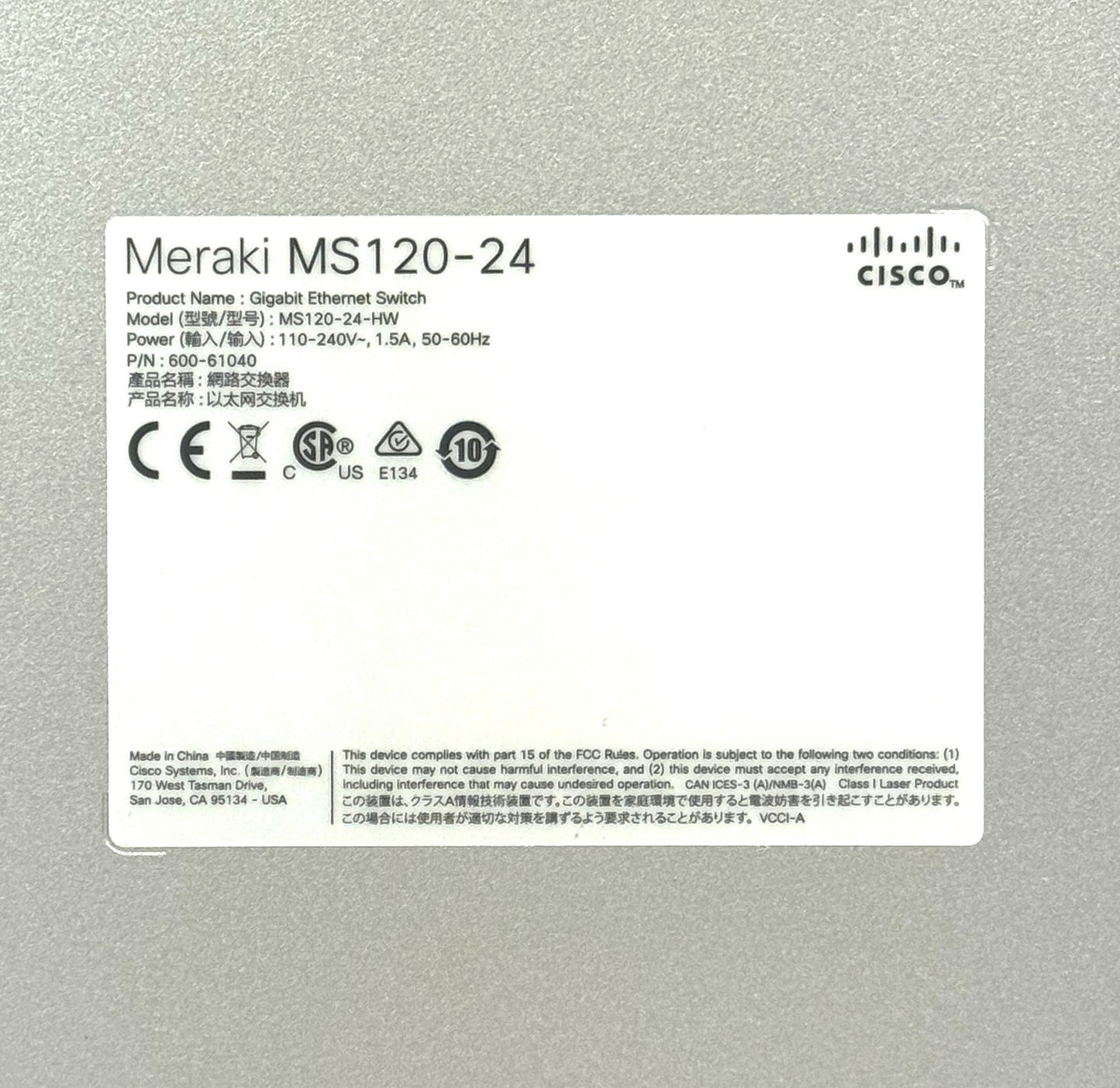 Cisco Meraki MS120-24-HW 24-Ports Rack Mountable PoE Ethernet Switch A90-61400