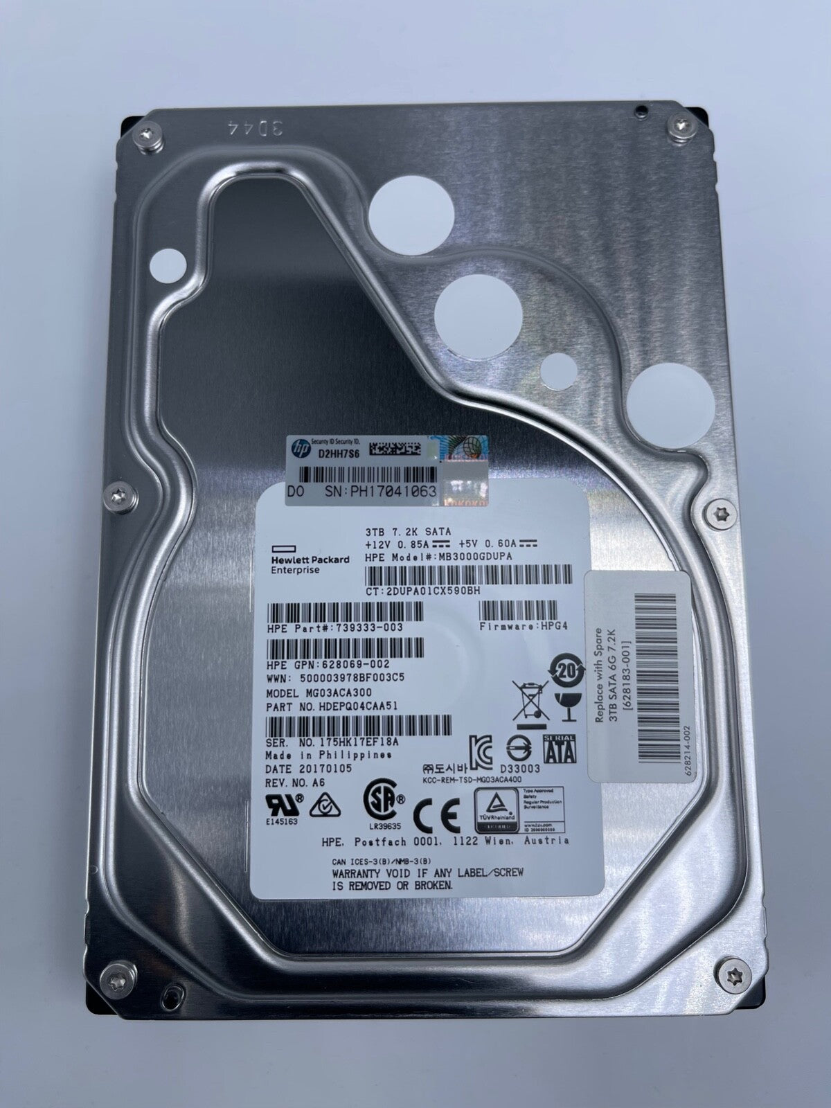 HPE MG03ACA300 3TB 3.5in 7.2K SATA MB3000GDUPA P/N: 739333-003 HDD