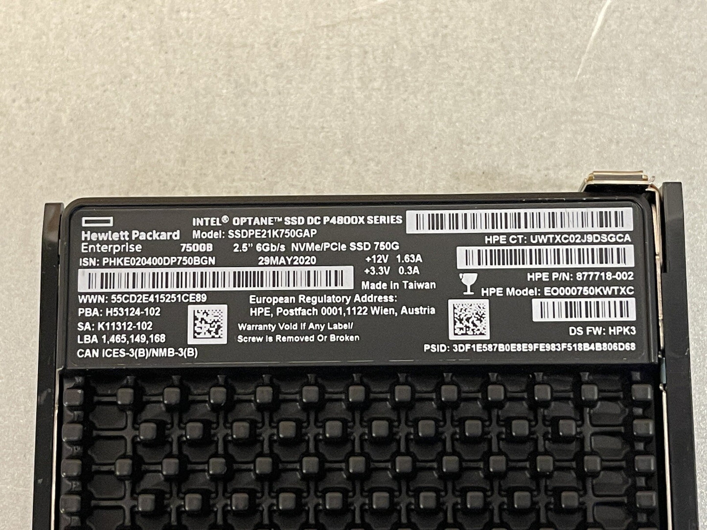 HPE Intel Optane 750GB U.2 NVMe x4 Write Intensive SFF SSD 30 DWPD Gen3 WI SCN