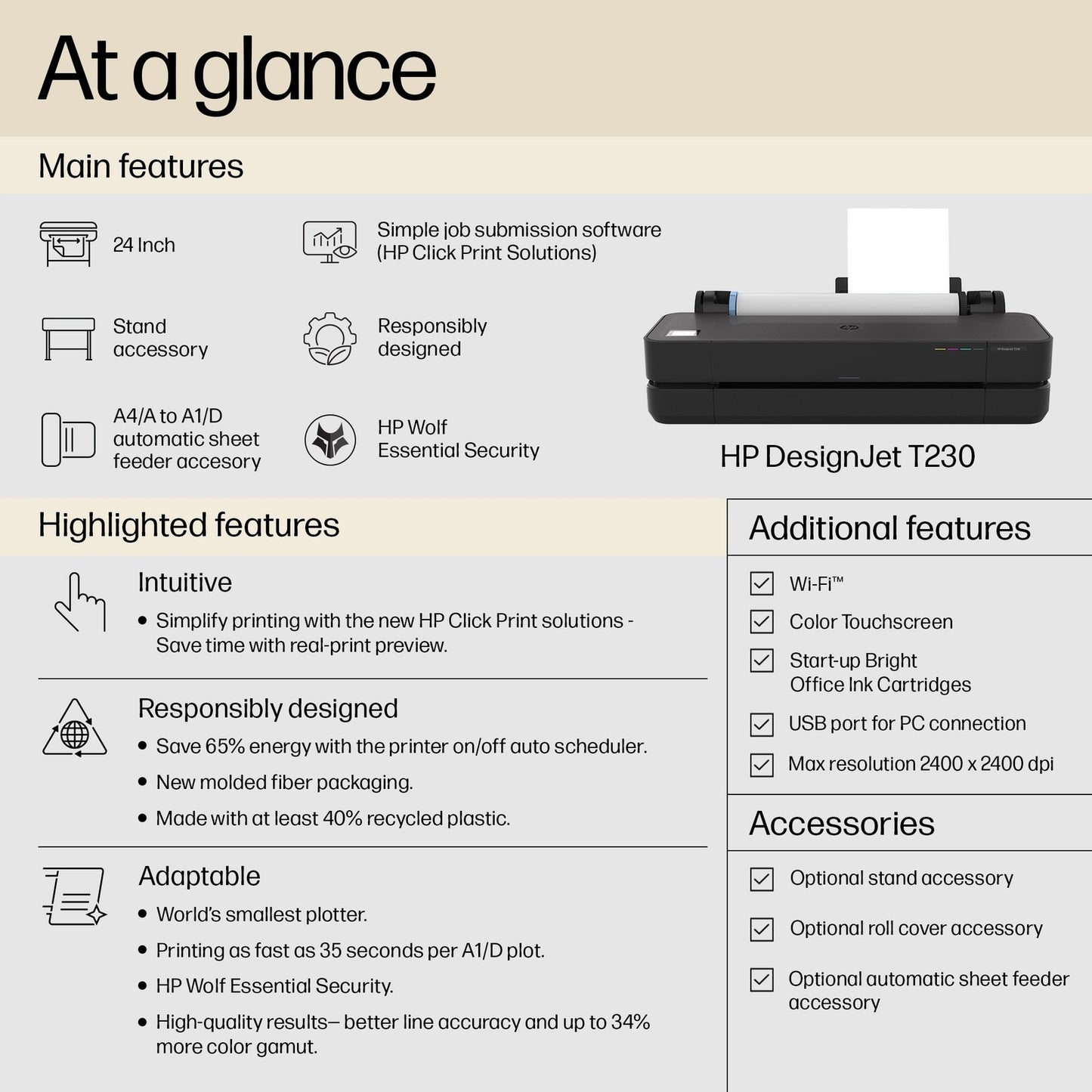 HP DesignJet T230 24-in Printer 2025 Edition with 2YR Warranty, 5HB07T#B1K