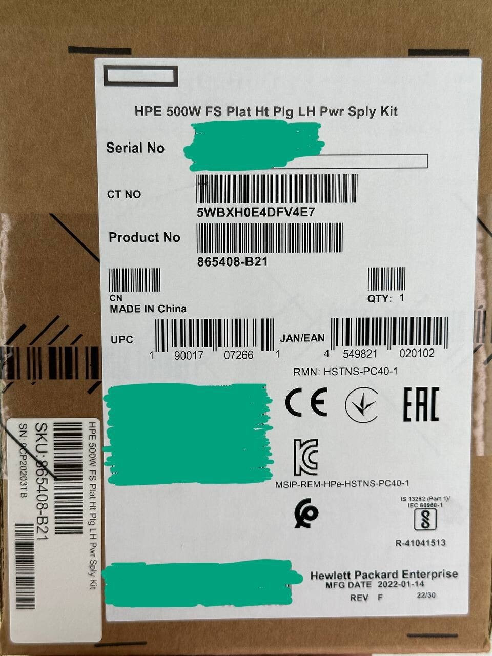 HPE 500W PSU FS Platinum Hot Plug Low Halogen Power Supply Kit 865408-B21 Gen11