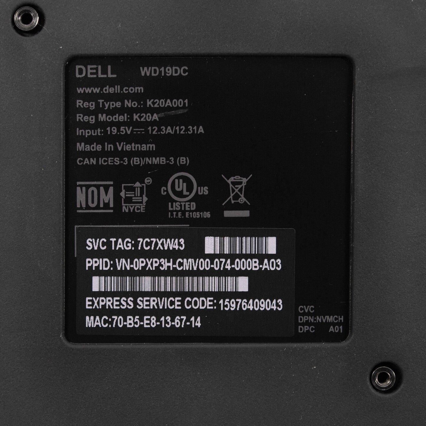 Dell WD19DC / K20A Dual USB-C Performance Docking Station PXP3H K20A001 - No AC