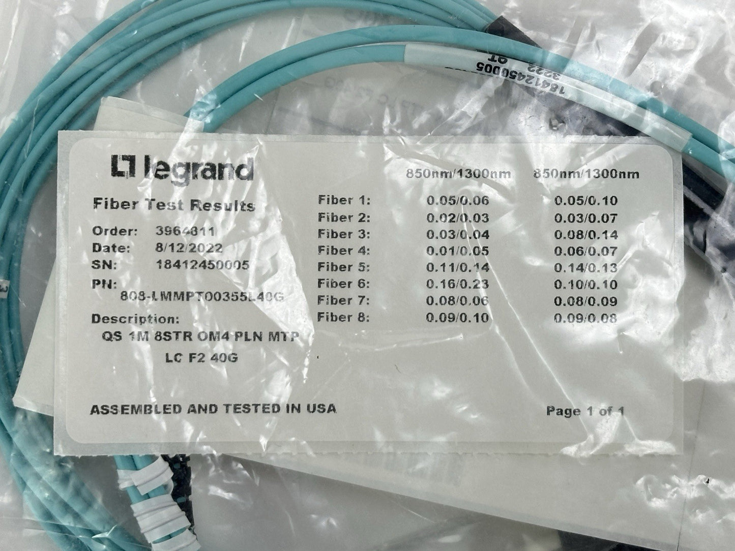 Legrand 808-LMMPT00355L40G Fiber Optic Cable 1M MTP-LC 40/100 Gigabit Multimode