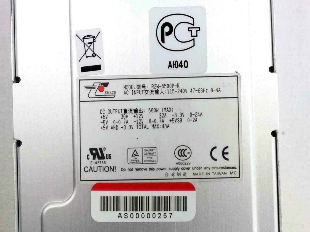 EMACS Model R2W-6500P-R (ROHS) 1U 500W Redundant Power Supply Module B010840002