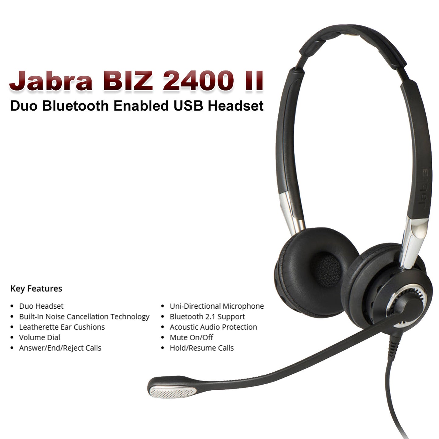 Jabra BIZ 2400 II Duo Bluetooth USB MS Skype Optimized Noise-Cancelling Headset