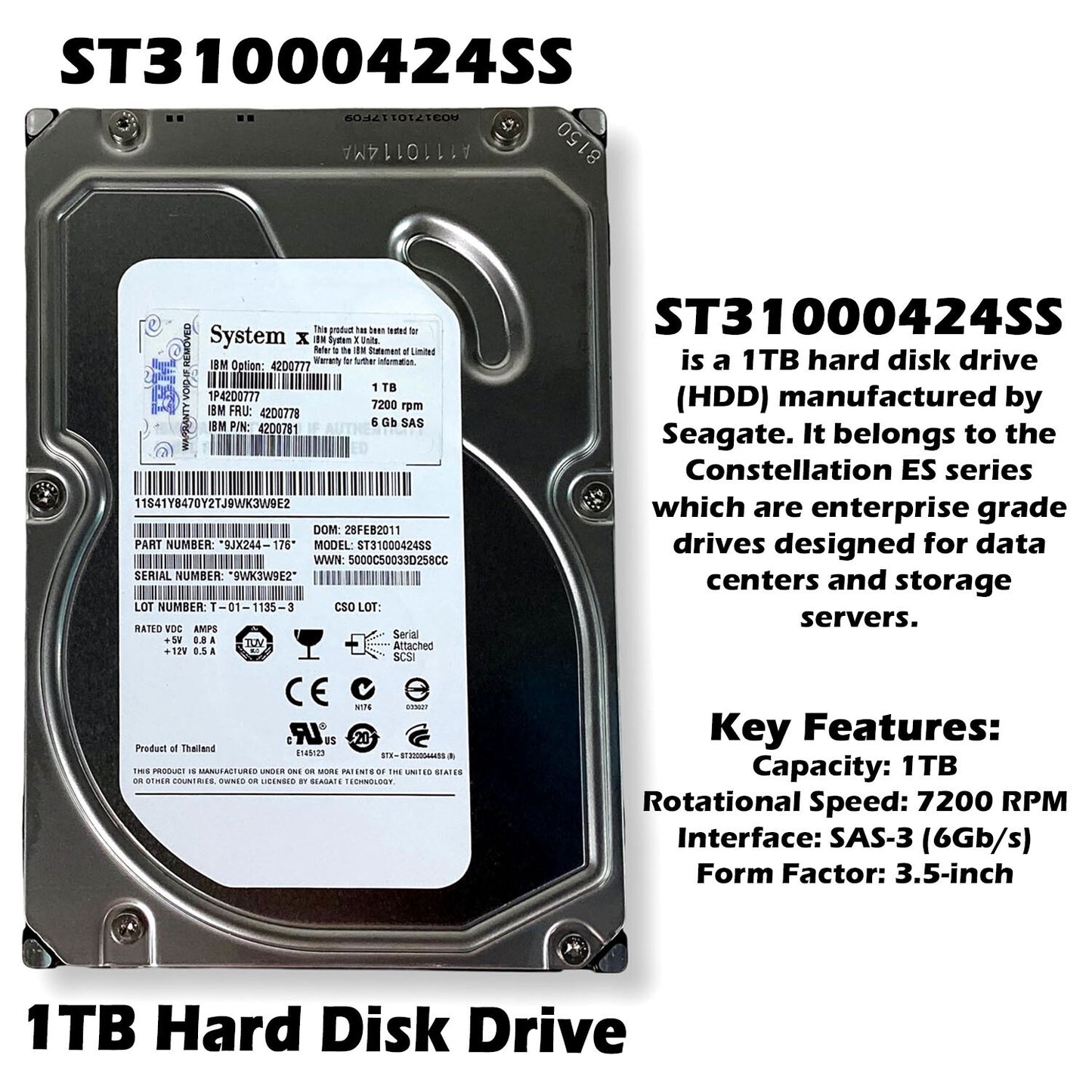 Lot of 5 IBM Seagate ST31000424SS 1TB 7.2K 3.5" SAS 6Gbps HDD Server Hard Drives (NOT FOR HOME PC)
