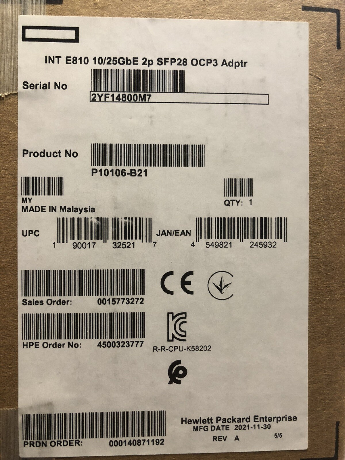 HPE 25GbE 10GbE 2P SFP28 Intel E810 OCP3 Network Adapter NIC 2 Port 10G 25G 25GE
