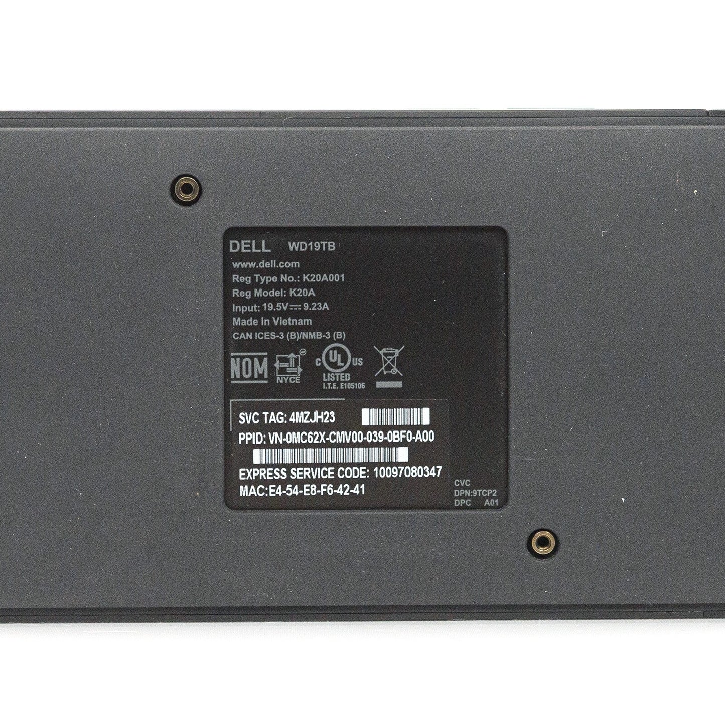 Dell WD19TB / K20A Thunderbolt 3 USB-C Performance Docking Station K20A001 No AC