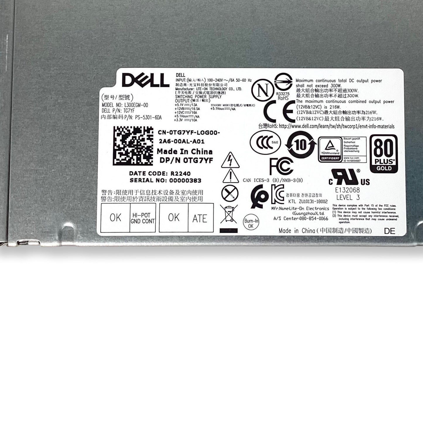 Genuine Dell Precision 3630 Tower 300W Power Supply Unit L300EGM-00 0TG7YF TG7YF