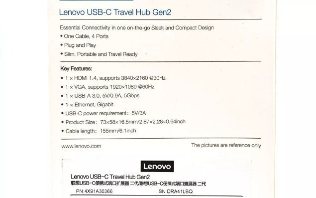New Lenovo USB-C Travel Hub Gen2 Portable HDMI VGA USB-A Ethernet - 4X91A30366