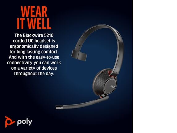 Poly Blackwire 5210 Monaural USB-C Headset +3.5mm Plug +USB-C/A Adapter