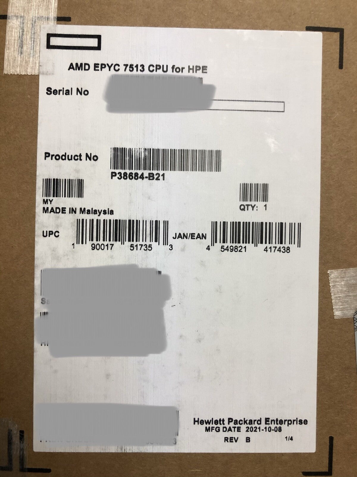 HPE AMD EPYC Milan 7513 CPU Processor 32 Core 2.6GHz 200W PCI-e 4.0 128MB L3