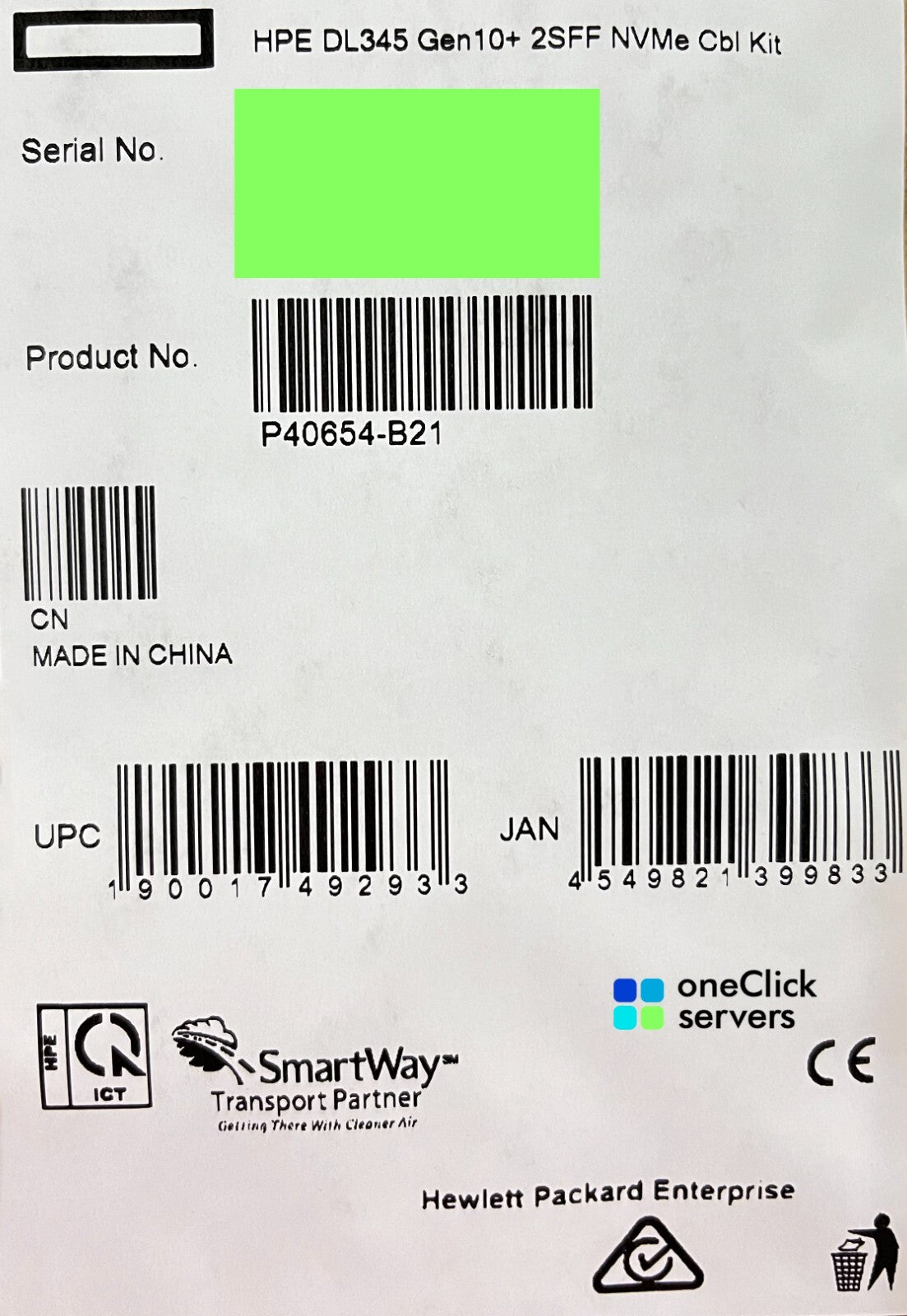 HPE ProLiant DL345 Gen10+ Plus 2SFF NVMe Cbl Cable Kit P40654-B21 2x SFF U.2 U.3