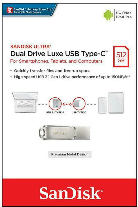 SanDisk 512GB Ultra Dual Drive Luxe USB Type-C Flash Drive SDDDC4-512G-G46