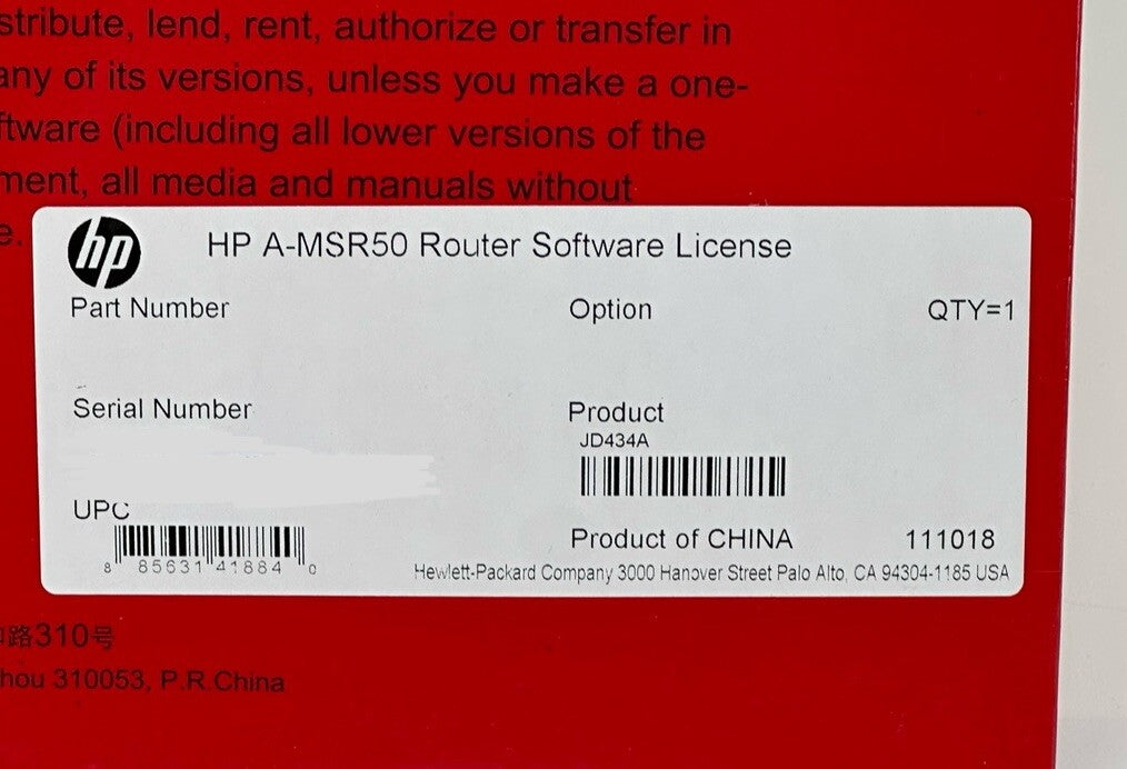 HP JD434A H3C A-MSR50 Router Software License 3130A15D LIS-MSR50-STANDARD-H3
