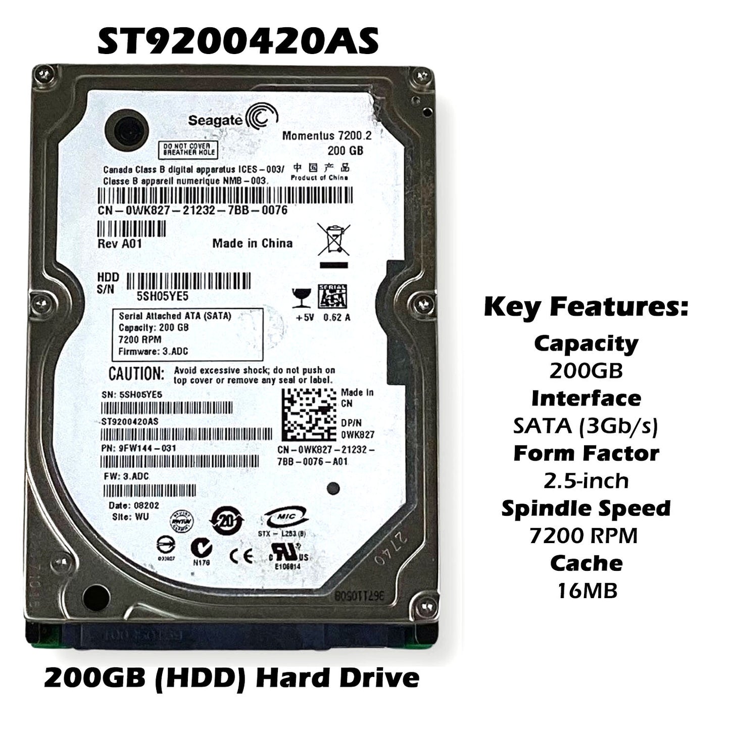 Dell ST9200420AS 200GB 7200RPM SATA 3Gb/s 16MB Cache 2.5-Inch Hard Drive WK827