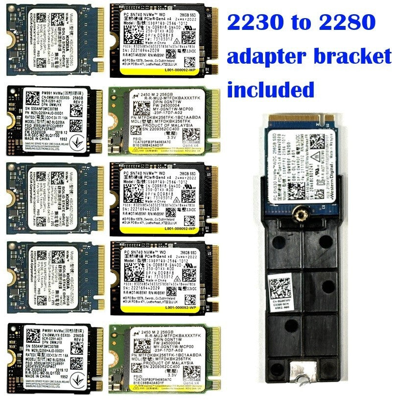 LOT of 50 Mixed WD/Samsung/SK Hynix 256Gb PCIe NVMe SSD M.2 2230 w/ 2280 adapter