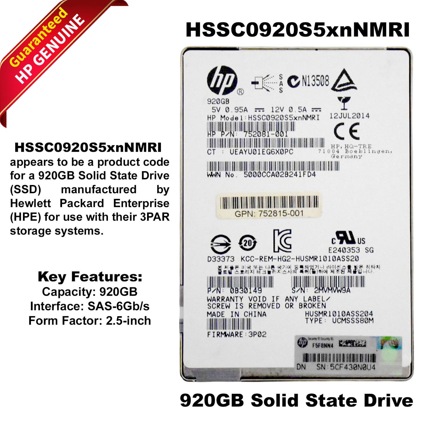 HP HSSC0920S5xnNMRI 920GB MLC SAS 6Gbps 2.5" SFF Solid State Drive 0B30149 (NOT FOR HOME PC)
