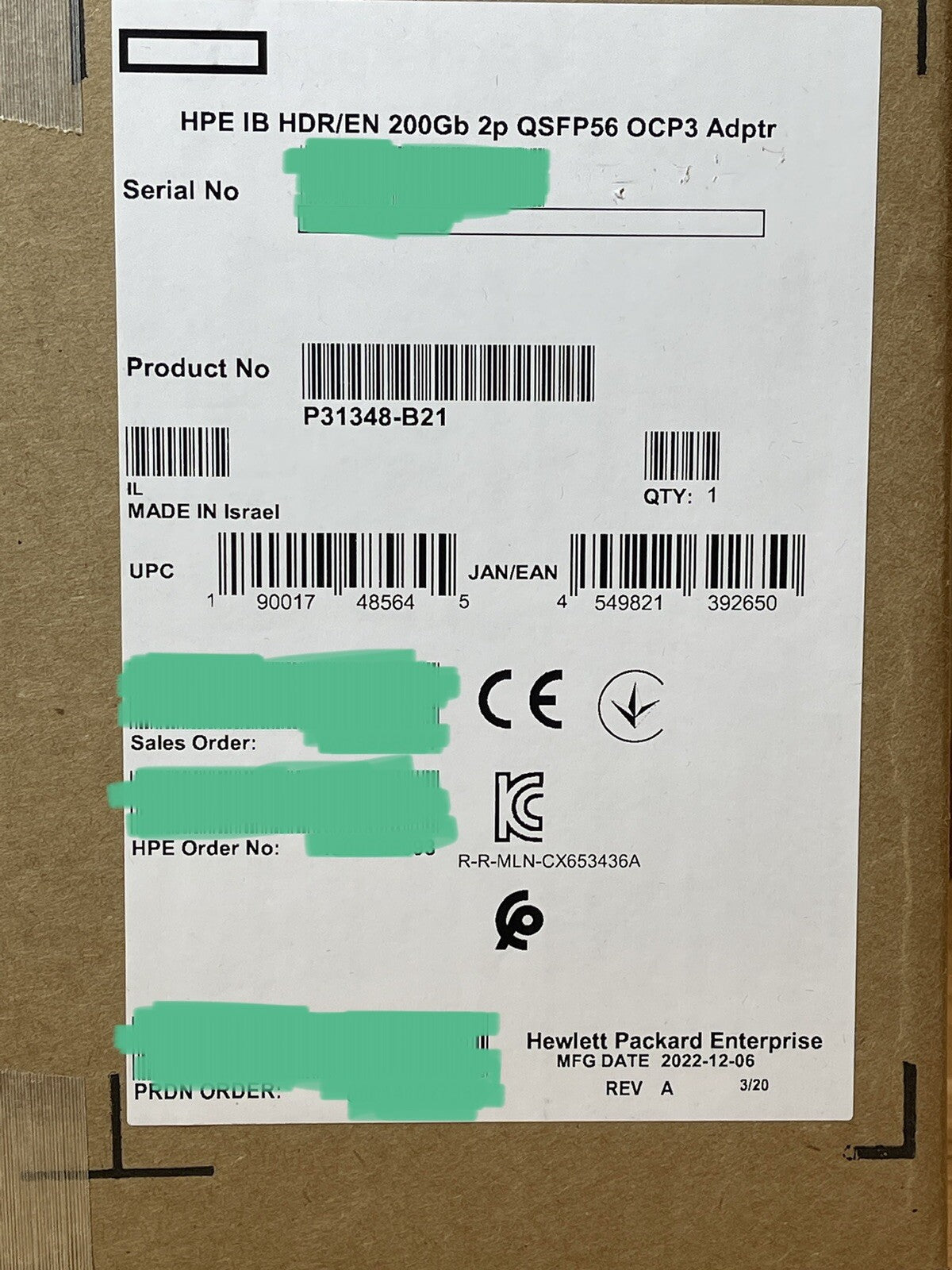 HPE 200Gb HDR QSFP56 2P OCP3 x16 Ethernet/InfiniBand Network Adapter NIC PCIe4