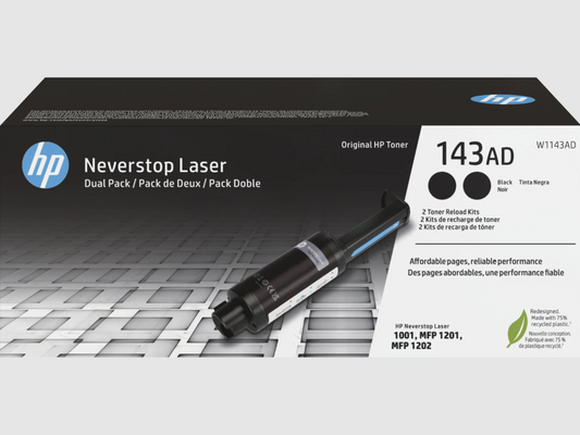 HP 143AD Dual Pack Black Original Neverstop Toner Reload Kit, ~2,500 pages,